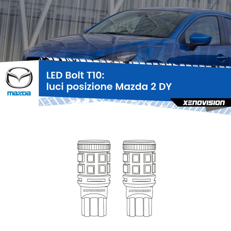0 Luci posizione LED Mazda 2 DY 2003-2007: T10 Bolt <strong>Luci posizione LED per Mazda 2</strong> DY 2003-2007. Coppia lampade <strong>T10</strong> modello Bolt canbus.