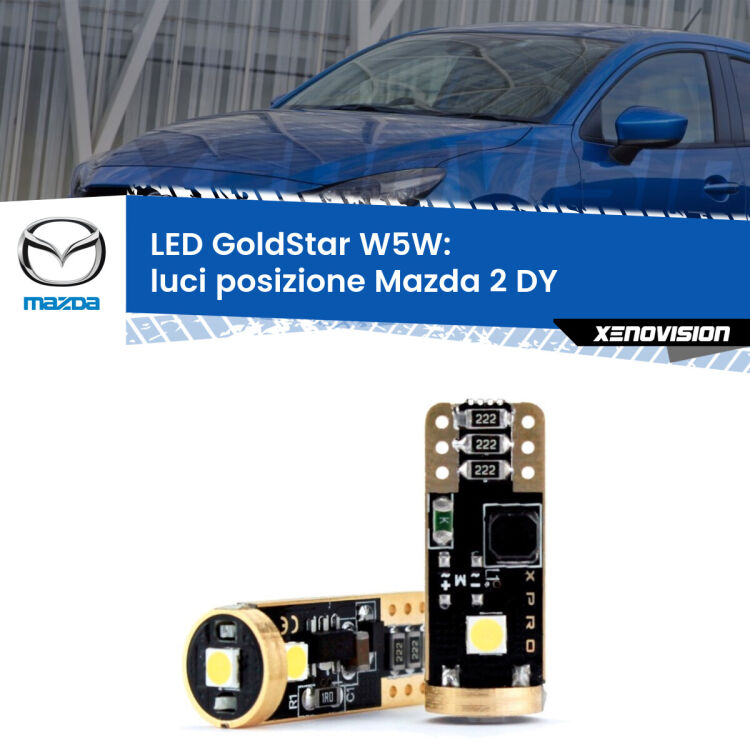 0 Luci posizione LED Mazda 2 DY 2003-2007: T10 GoldStar <strong>Luci posizione LED Mazda 2</strong> DY 2003-2007: ottima luminosità a 360 gradi. Si inseriscono ovunque. Canbus, Top Quality.