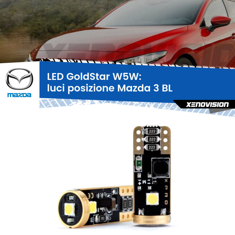 0 Luci posizione LED Mazda 3 BL 2008-2014: T10 GoldStar <strong>Luci posizione LED Mazda 3</strong> BL 2008-2014: ottima luminosità a 360 gradi. Si inseriscono ovunque. Canbus, Top Quality.