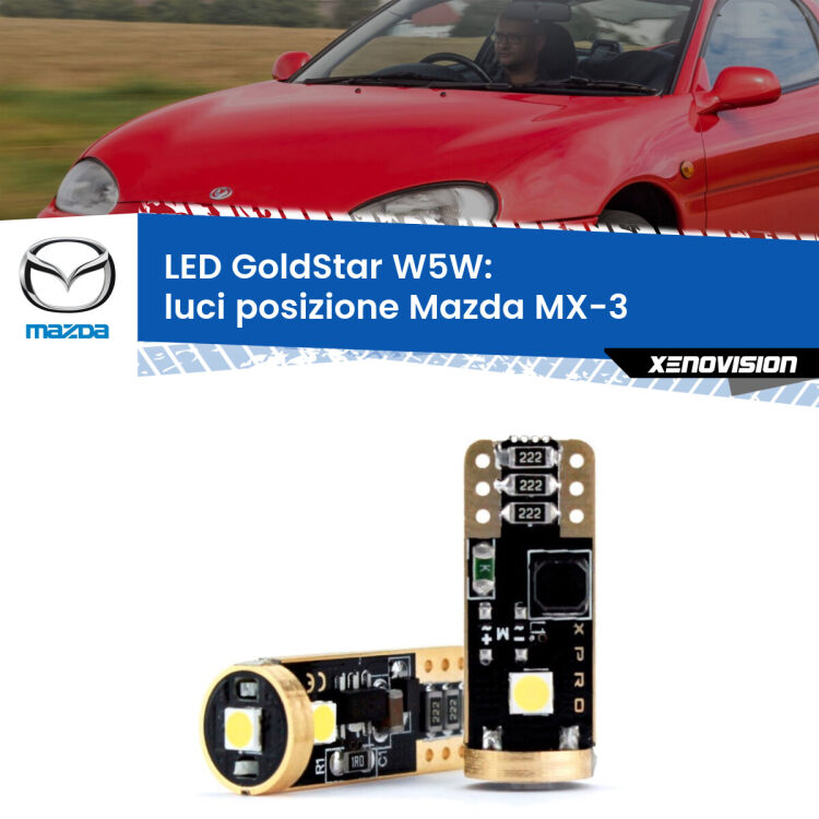 0 Luci posizione LED Mazda MX-3 1991-1998: T10 GoldStar <strong>Luci posizione LED Mazda MX-3</strong> 1991-1998: ottima luminosità a 360 gradi. Si inseriscono ovunque. Canbus, Top Quality.