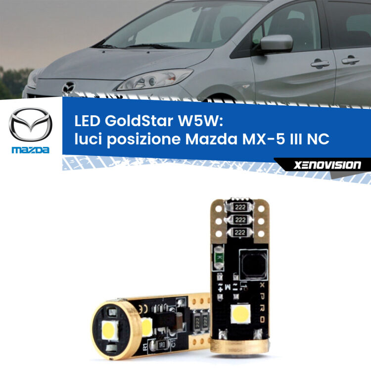 0 Luci posizione LED Mazda MX-5 III NC 2005-2014: T10 GoldStar <strong>Luci posizione LED Mazda MX-5 III</strong> NC 2005-2014: ottima luminosità a 360 gradi. Si inseriscono ovunque. Canbus, Top Quality.
