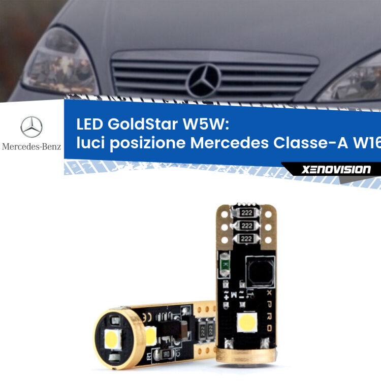 0 Luci posizione LED Mercedes Classe-A W168 1997-2004: T10 GoldStar <strong>Luci posizione LED Mercedes Classe-A</strong> W168 1997-2004: ottima luminosità a 360 gradi. Si inseriscono ovunque. Canbus, Top Quality.