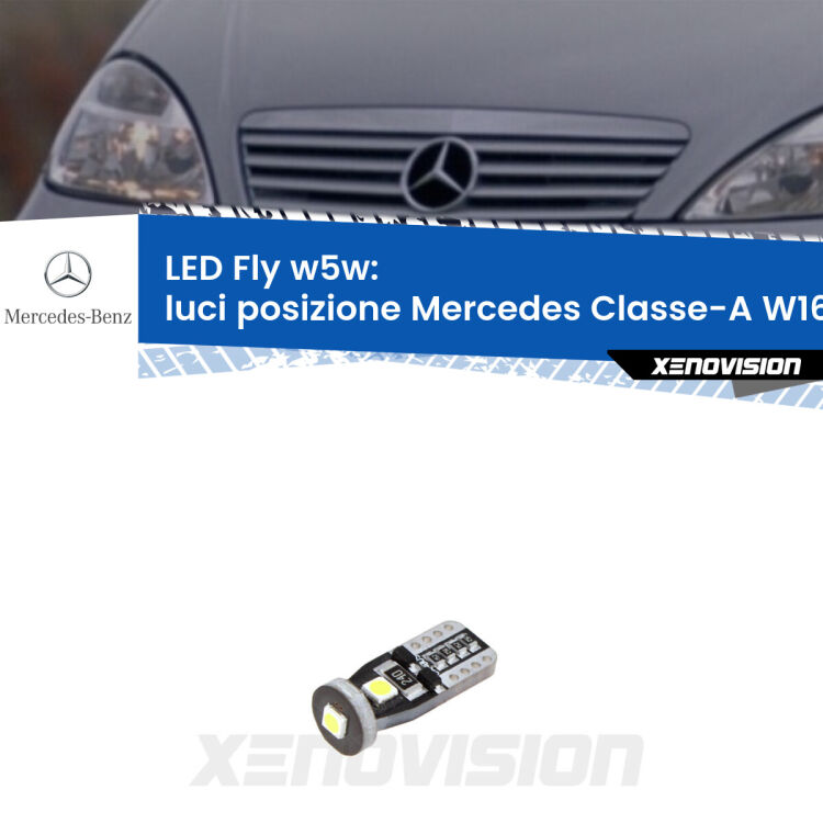 <strong>luci posizione LED per Mercedes Classe-A</strong> W168 1997-2004. Coppia lampadine <strong>w5w</strong> Canbus compatte modello Fly Xenovision.