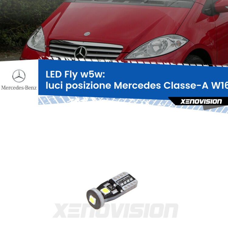 <strong>luci posizione LED per Mercedes Classe-A</strong> W169 2004-2012. Coppia lampadine <strong>w5w</strong> Canbus compatte modello Fly Xenovision.