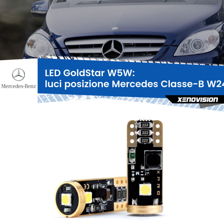 0 Luci posizione LED Mercedes Classe-B W245 2005-2011: T10 GoldStar <strong>Luci posizione LED Mercedes Classe-B</strong> W245 2005-2011: ottima luminosità a 360 gradi. Si inseriscono ovunque. Canbus, Top Quality.