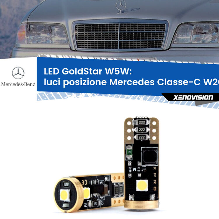 0 Luci posizione LED Mercedes Classe-C W202 1993-2000: T10 GoldStar <strong>Luci posizione LED Mercedes Classe-C</strong> W202 1993-2000: ottima luminosità a 360 gradi. Si inseriscono ovunque. Canbus, Top Quality.