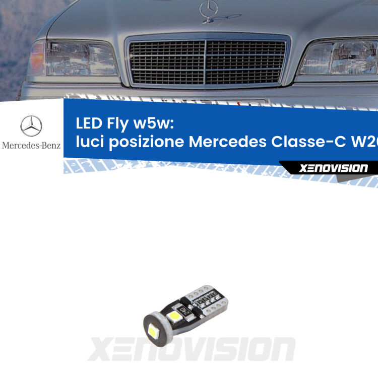 <strong>luci posizione LED per Mercedes Classe-C</strong> W202 1993-2000. Coppia lampadine <strong>w5w</strong> Canbus compatte modello Fly Xenovision.