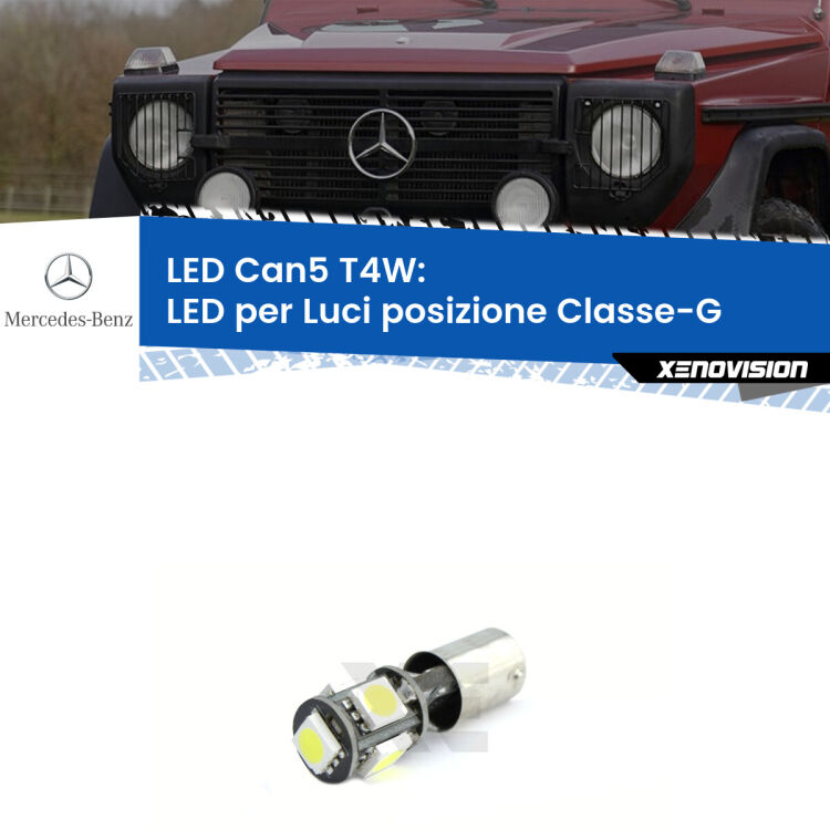 0 Luci posizione LED Mercedes Classe-G W461 1990-2000: T4W Xenovision <strong>luci posizione LED per Mercedes Classe-G</strong> W461 1990-2000. Lampadina <strong>T4W</strong> BA9s Canbus da Xenovision.