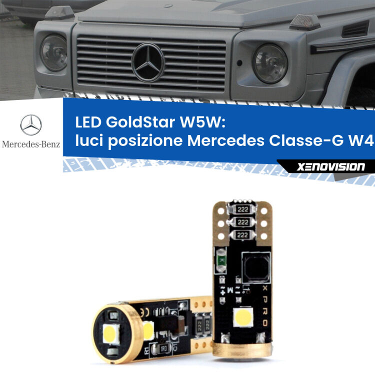 0 Luci posizione LED Mercedes Classe-G W463 1991-2004: T10 GoldStar <strong>Luci posizione LED Mercedes Classe-G</strong> W463 1991-2004: ottima luminosità a 360 gradi. Si inseriscono ovunque. Canbus, Top Quality.