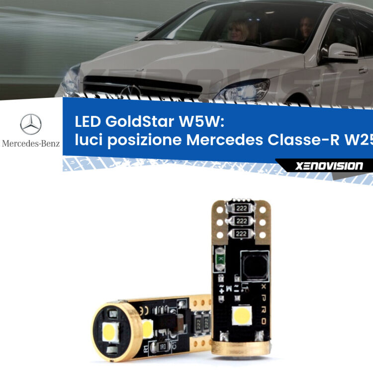 0 Luci posizione LED Mercedes Classe-R W251, V251 2006-2014: T10 GoldStar <strong>Luci posizione LED Mercedes Classe-R</strong> W251, V251 2006-2014: ottima luminosità a 360 gradi. Si inseriscono ovunque. Canbus, Top Quality.