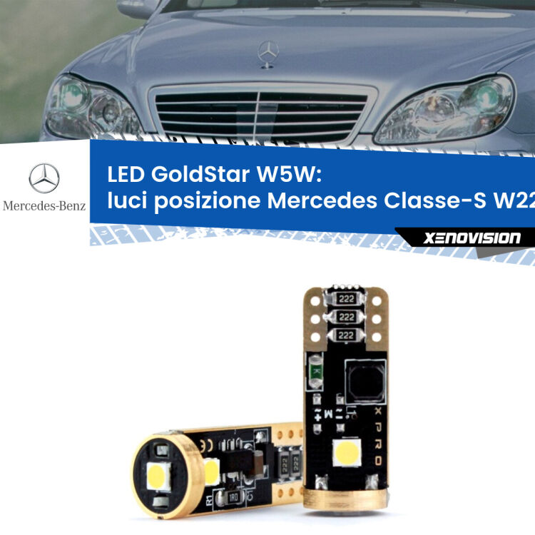 0 Luci posizione LED Mercedes Classe-S W220 1998-2005: T10 GoldStar <strong>Luci posizione LED Mercedes Classe-S</strong> W220 1998-2005: ottima luminosità a 360 gradi. Si inseriscono ovunque. Canbus, Top Quality.