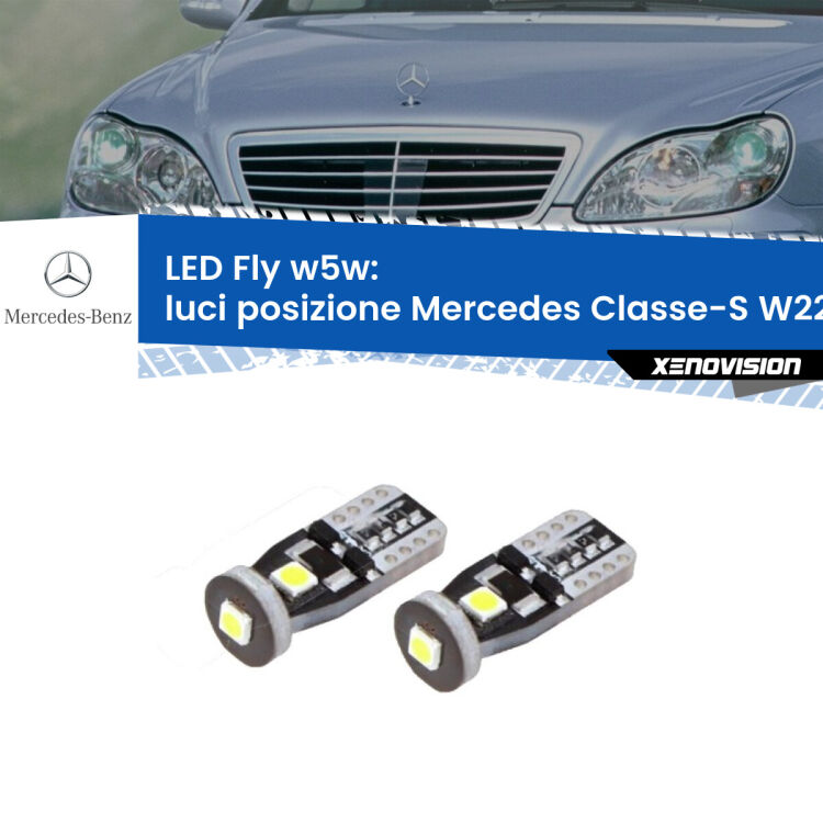 0 Luci posizione LED Mercedes Classe-S W220 1998-2005: W5W Fly <strong>luci posizione LED per Mercedes Classe-S</strong> W220 1998-2005. Coppia lampadine <strong>w5w</strong> Canbus compatte modello Fly Xenovision.