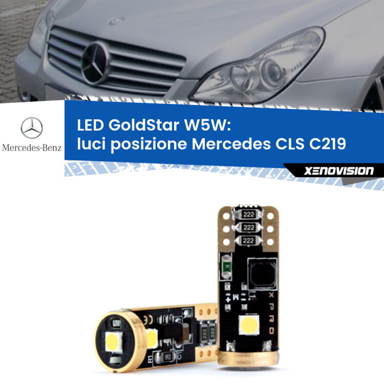 0 Luci posizione LED Mercedes CLS C219 2004-2010: T10 GoldStar <strong>Luci posizione LED Mercedes CLS</strong> C219 2004-2010: ottima luminosità a 360 gradi. Si inseriscono ovunque. Canbus, Top Quality.