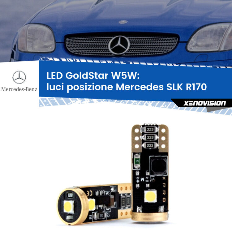 0 Luci posizione LED Mercedes SLK R170 1996-2004: T10 GoldStar <strong>Luci posizione LED Mercedes SLK</strong> R170 1996-2004: ottima luminosità a 360 gradi. Si inseriscono ovunque. Canbus, Top Quality.