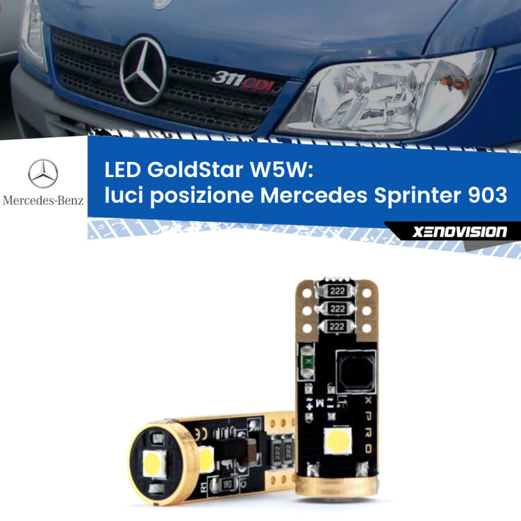 0 Luci posizione LED Mercedes Sprinter 903 1995-2006: T10 GoldStar <strong>Luci posizione LED Mercedes Sprinter</strong> 903 1995-2006: ottima luminosità a 360 gradi. Si inseriscono ovunque. Canbus, Top Quality.
