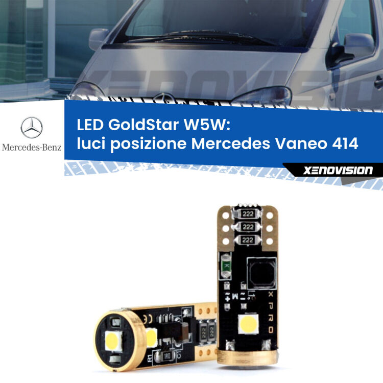 0 Luci posizione LED Mercedes Vaneo 414 2002-2005: T10 GoldStar <strong>Luci posizione LED Mercedes Vaneo</strong> 414 2002-2005: ottima luminosità a 360 gradi. Si inseriscono ovunque. Canbus, Top Quality.