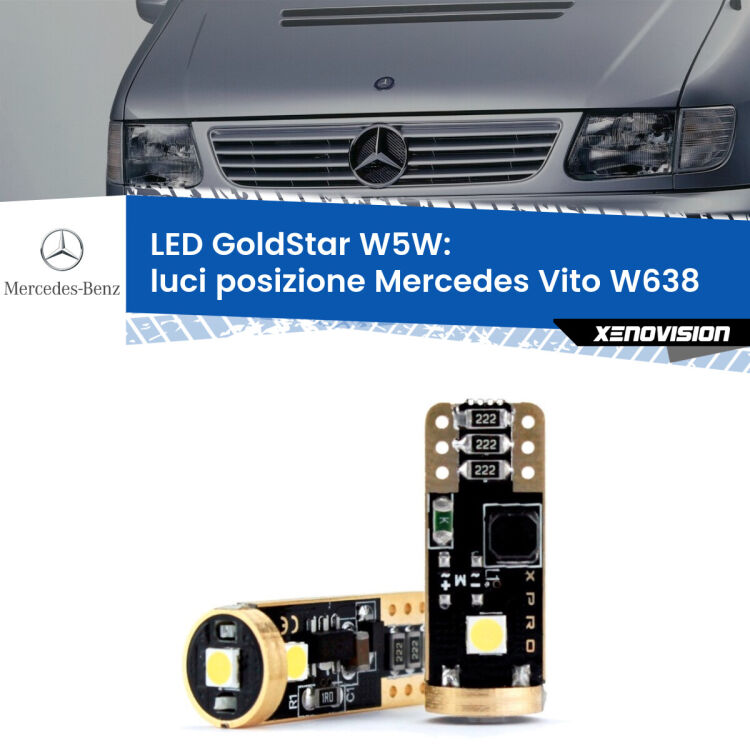 0 Luci posizione LED Mercedes Vito W638 1996-2003: T10 GoldStar <strong>Luci posizione LED Mercedes Vito</strong> W638 1996-2003: ottima luminosità a 360 gradi. Si inseriscono ovunque. Canbus, Top Quality.