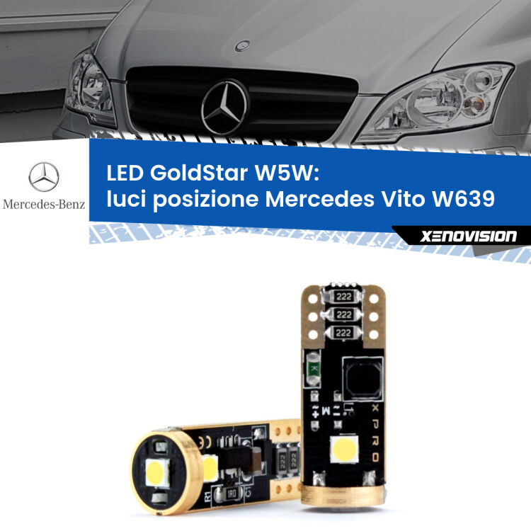 0 Luci posizione LED Mercedes Vito W639 2003-2012: T10 GoldStar <strong>Luci posizione LED Mercedes Vito</strong> W639 2003-2012: ottima luminosità a 360 gradi. Si inseriscono ovunque. Canbus, Top Quality.