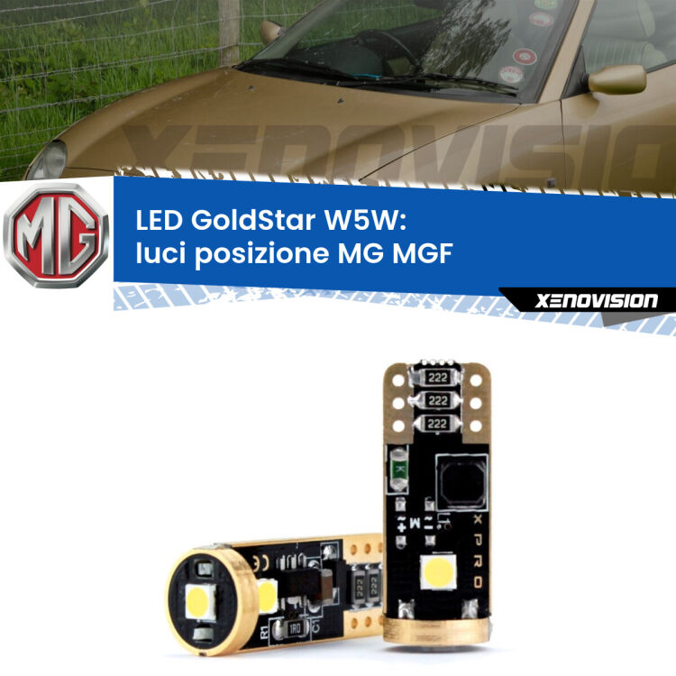 0 Luci posizione LED MG MGF  1995-2002: T10 GoldStar <strong>Luci posizione LED MG MGF</strong>  1995-2002: ottima luminosità a 360 gradi. Si inseriscono ovunque. Canbus, Top Quality.