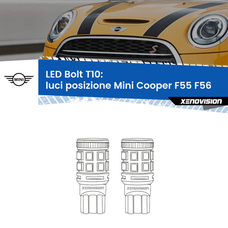 0 Luci posizione LED Mini Cooper F55 F56 2013-2017: T10 Bolt <strong>Luci posizione LED per Mini Cooper</strong> F55 F56 2013-2017. Coppia lampade <strong>T10</strong> modello Bolt canbus.