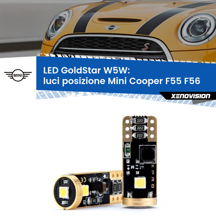 0 Luci posizione LED Mini Cooper F55 F56 2013-2017: T10 GoldStar <strong>Luci posizione LED Mini Cooper</strong> F55 F56 2013-2017: ottima luminosità a 360 gradi. Si inseriscono ovunque. Canbus, Top Quality.