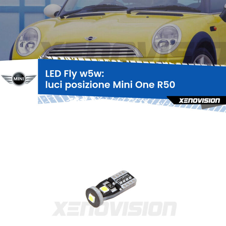 <strong>luci posizione LED per Mini One</strong> R50 2001-2006. Coppia lampadine <strong>w5w</strong> Canbus compatte modello Fly Xenovision.