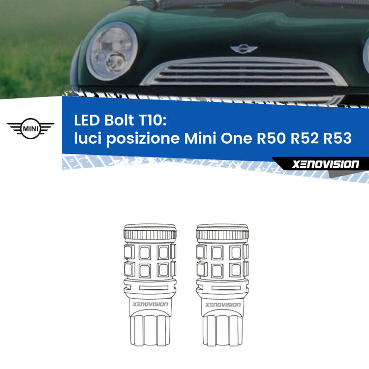 0 Luci posizione LED Mini One R50 R52 R53 2001-2006: T10 Bolt <strong>Luci posizione LED per Mini One</strong> R50 R52 R53 2001-2006. Coppia lampade <strong>T10</strong> modello Bolt canbus.