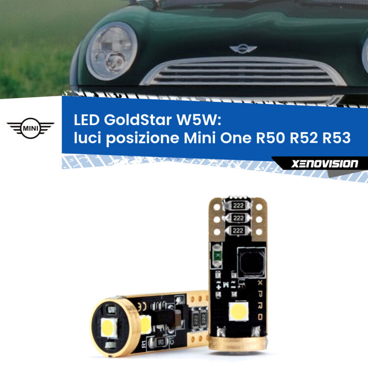 0 Luci posizione LED Mini One R50 R52 R53 2001-2006: T10 GoldStar <strong>Luci posizione LED Mini One</strong> R50 R52 R53 2001-2006: ottima luminosità a 360 gradi. Si inseriscono ovunque. Canbus, Top Quality.