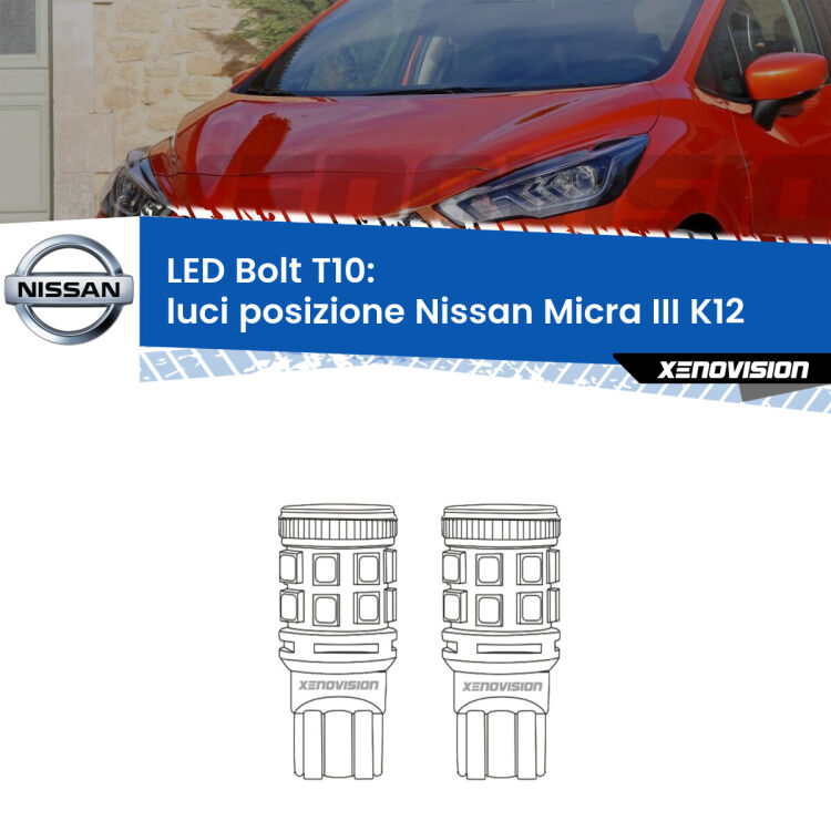 0 Luci posizione LED Nissan Micra III K12 2002-2010: T10 Bolt <strong>Luci posizione LED per Nissan Micra III</strong> K12 2002-2010. Coppia lampade <strong>T10</strong> modello Bolt canbus.
