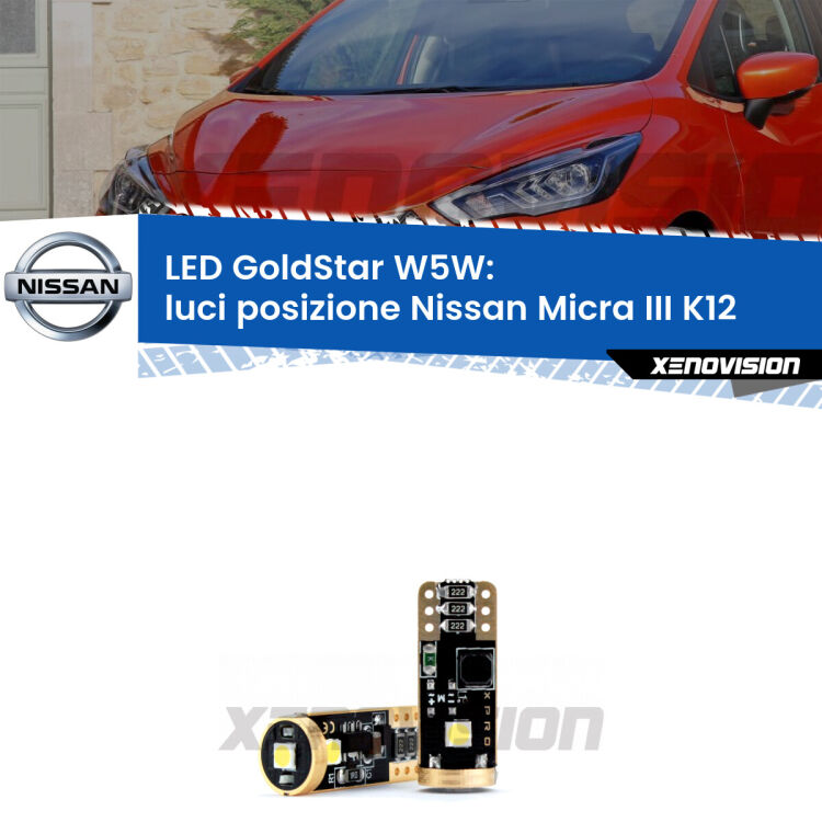 <strong>Luci posizione LED Nissan Micra III</strong> K12 2002-2010: ottima luminosità a 360 gradi. Si inseriscono ovunque. Canbus, Top Quality.