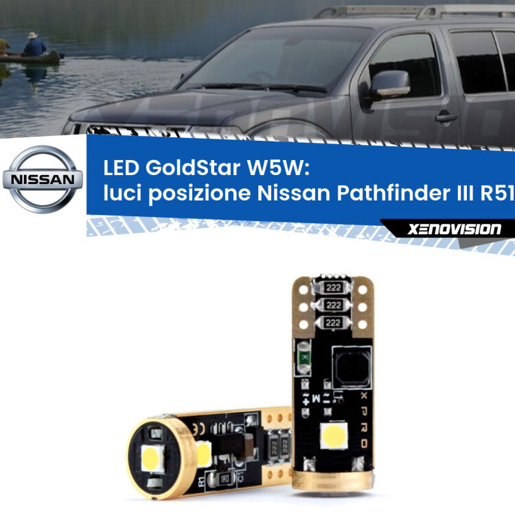 0 Luci posizione LED Nissan Pathfinder III R51 2005-2011: T10 GoldStar <strong>Luci posizione LED Nissan Pathfinder III</strong> R51 2005-2011: ottima luminosità a 360 gradi. Si inseriscono ovunque. Canbus, Top Quality.