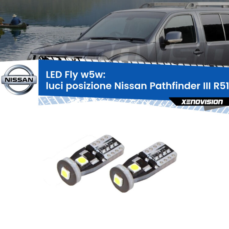 0 Luci posizione LED Nissan Pathfinder III R51 2005-2011: W5W Fly <strong>luci posizione LED per Nissan Pathfinder III</strong> R51 2005-2011. Coppia lampadine <strong>w5w</strong> Canbus compatte modello Fly Xenovision.