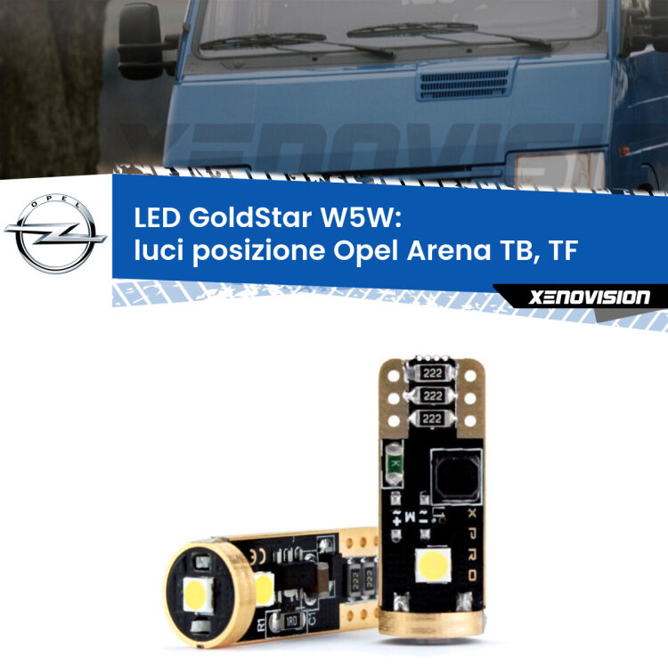 0 Luci posizione LED Opel Arena TB, TF 1998-2001: T10 GoldStar <strong>Luci posizione LED Opel Arena</strong> TB, TF 1998-2001: ottima luminosità a 360 gradi. Si inseriscono ovunque. Canbus, Top Quality.