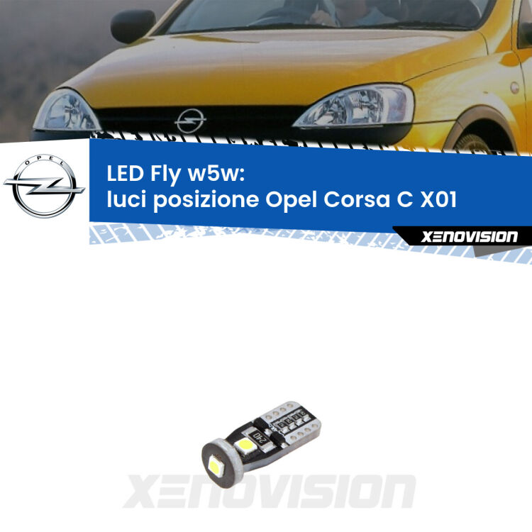 <strong>luci posizione LED per Opel Corsa C</strong> X01 2000-2006. Coppia lampadine <strong>w5w</strong> Canbus compatte modello Fly Xenovision.