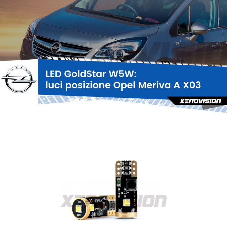 <strong>Luci posizione LED Opel Meriva A</strong> X03 2003-2010: ottima luminosità a 360 gradi. Si inseriscono ovunque. Canbus, Top Quality.