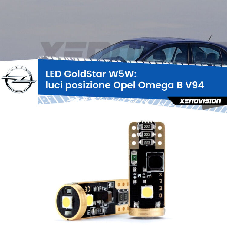 0 Luci posizione LED Opel Omega B V94 1994-2003: T10 GoldStar <strong>Luci posizione LED Opel Omega B</strong> V94 1994-2003: ottima luminosità a 360 gradi. Si inseriscono ovunque. Canbus, Top Quality.