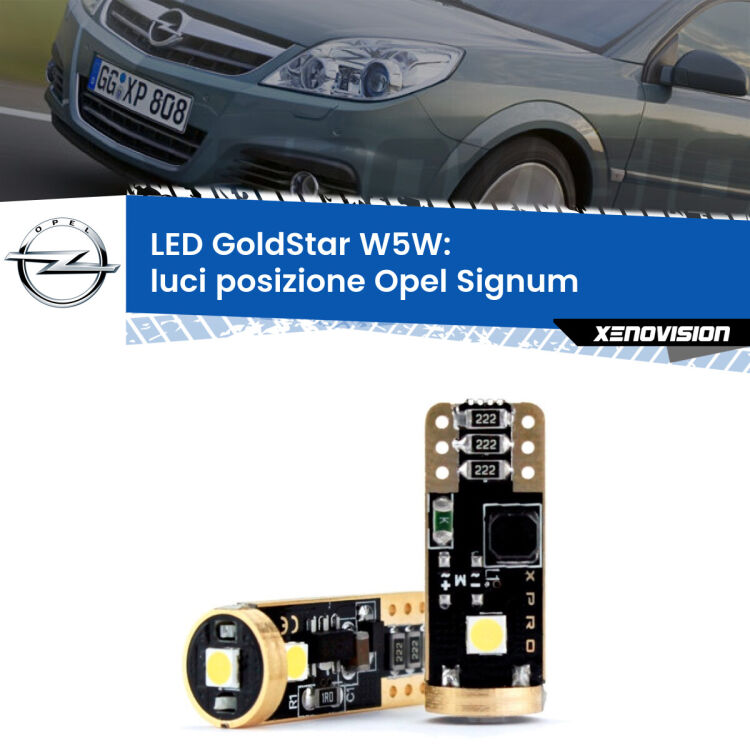 0 Luci posizione LED Opel Signum  2003-2008: T10 GoldStar <strong>Luci posizione LED Opel Signum</strong>  2003-2008: ottima luminosità a 360 gradi. Si inseriscono ovunque. Canbus, Top Quality.