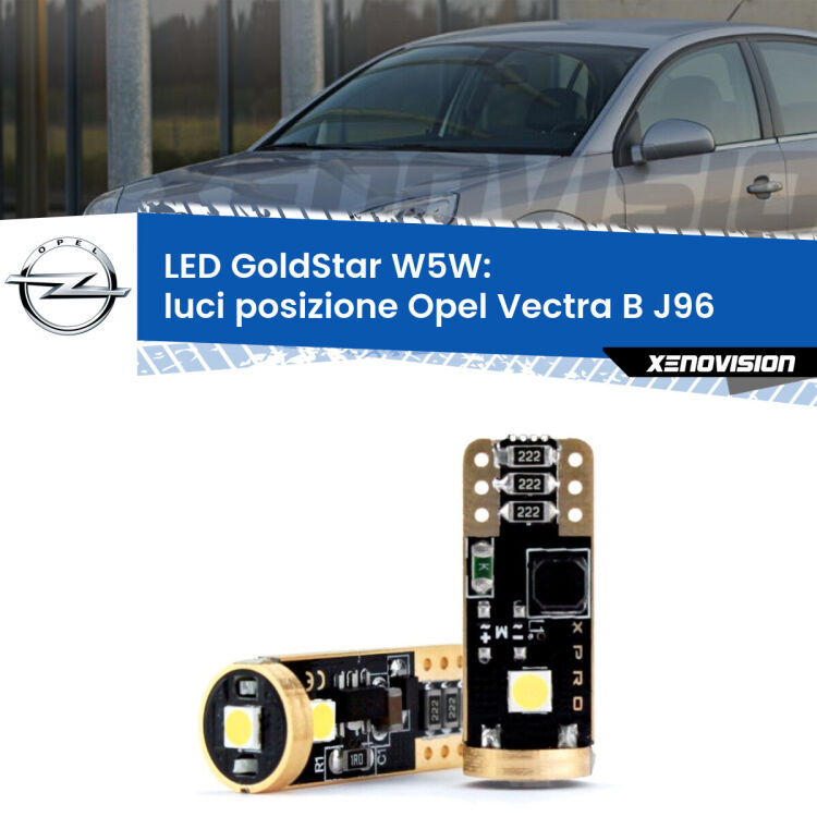 0 Luci posizione LED Opel Vectra B J96 1995-2002: T10 GoldStar <strong>Luci posizione LED Opel Vectra B</strong> J96 1995-2002: ottima luminosità a 360 gradi. Si inseriscono ovunque. Canbus, Top Quality.