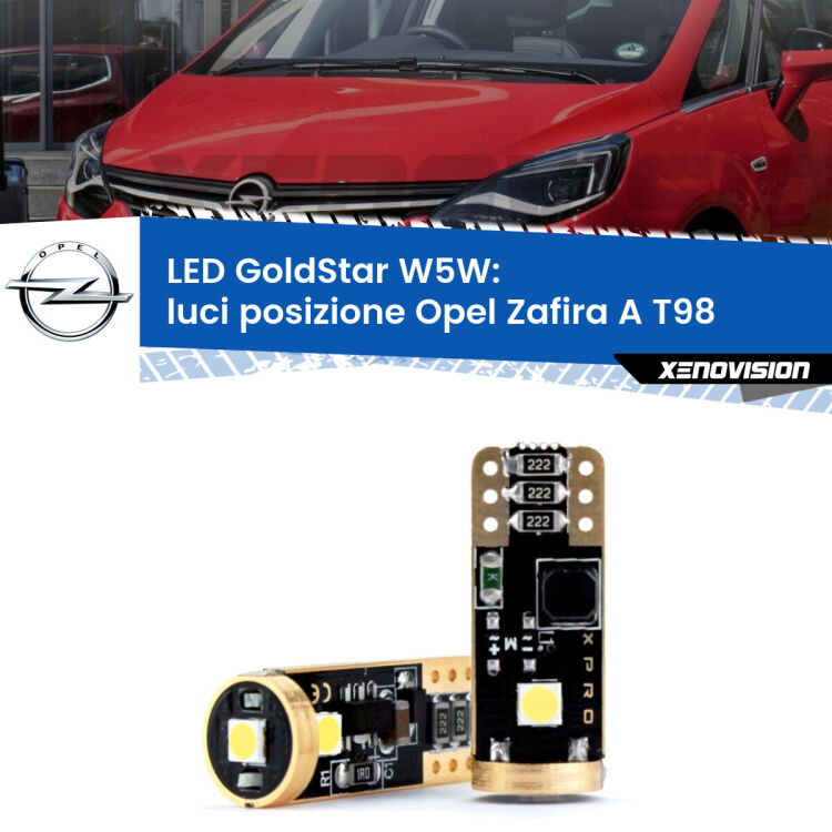 0 Luci posizione LED Opel Zafira A T98 1999-2005: T10 GoldStar <strong>Luci posizione LED Opel Zafira A</strong> T98 1999-2005: ottima luminosità a 360 gradi. Si inseriscono ovunque. Canbus, Top Quality.