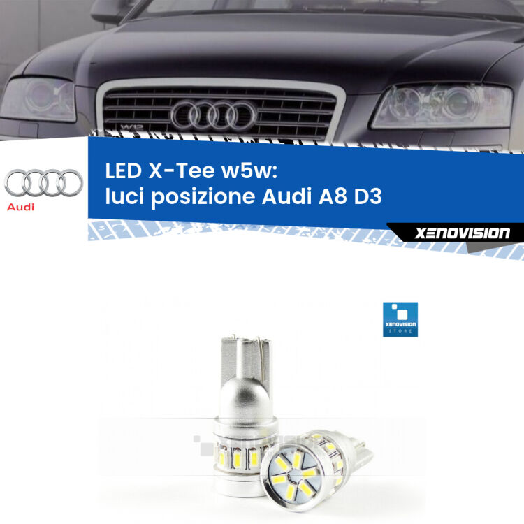 <strong>LED luci posizione per Audi A8</strong> D3 2002-2009. Lampade <strong>W5W</strong> modello X-Tee Xenovision top di gamma.