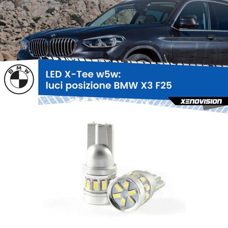 0 Luci posizione LED per BMW X3 F25 2010-2016: W5W X-Tee <strong>LED luci posizione per BMW X3</strong> F25 2010-2016. Lampade <strong>W5W</strong> modello X-Tee Xenovision top di gamma.