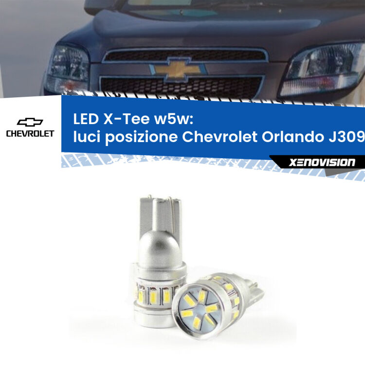 0 Luci posizione LED per Chevrolet Orlando J309 2011-2019: W5W X-Tee <strong>LED luci posizione per Chevrolet Orlando</strong> J309 2011-2019. Lampade <strong>W5W</strong> modello X-Tee Xenovision top di gamma.