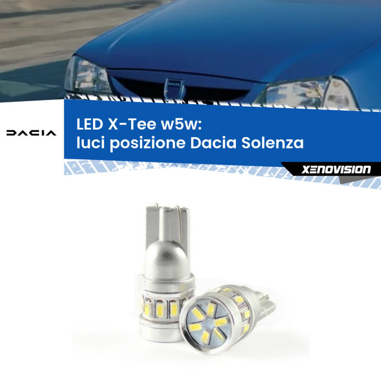 0 Luci posizione LED per Dacia Solenza 2003in poi: W5W X-Tee <strong>LED luci posizione per Dacia Solenza</strong> 2003in poi. Lampade <strong>W5W</strong> modello X-Tee Xenovision top di gamma.