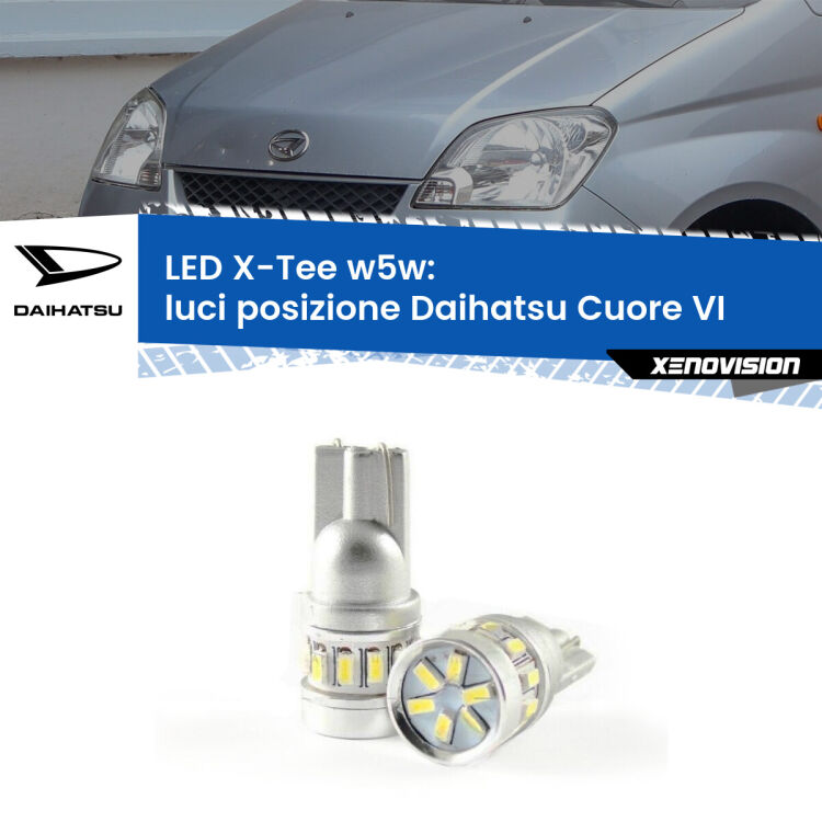 0 Luci posizione LED per Daihatsu Cuore VI 2003-2007: W5W X-Tee <strong>LED luci posizione per Daihatsu Cuore VI</strong> 2003-2007. Lampade <strong>W5W</strong> modello X-Tee Xenovision top di gamma.