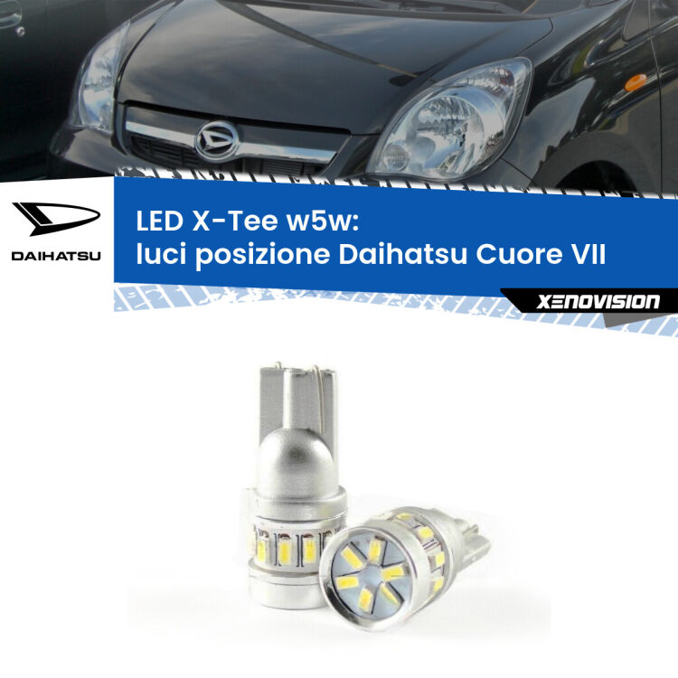 0 Luci posizione LED per Daihatsu Cuore VII 2007-2018: W5W X-Tee <strong>LED luci posizione per Daihatsu Cuore VII</strong> 2007-2018. Lampade <strong>W5W</strong> modello X-Tee Xenovision top di gamma.