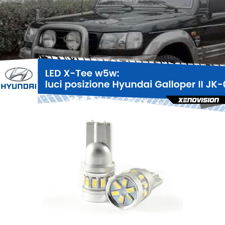 0 Luci posizione LED per Hyundai Galloper II JK-01 1998-2003: W5W X-Tee <strong>LED luci posizione per Hyundai Galloper II</strong> JK-01 1998-2003. Lampade <strong>W5W</strong> modello X-Tee Xenovision top di gamma.