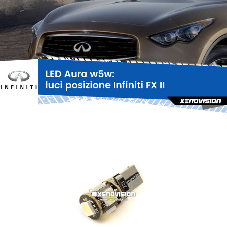 0 Luci posizione LED per Infiniti FX II 2008-2013: Aura w5w <strong>LED luci posizione w5w per Infiniti FX</strong> II 2008-2013. Una lampadina <strong>w5w</strong> canbus luce bianca 6000k modello Aura Xenovision.