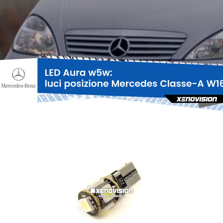 0 Luci posizione LED per Mercedes Classe-A W168 1997-2004: Aura w5w <strong>LED luci posizione w5w per Mercedes Classe-A</strong> W168 1997-2004. Una lampadina <strong>w5w</strong> canbus luce bianca 6000k modello Aura Xenovision.