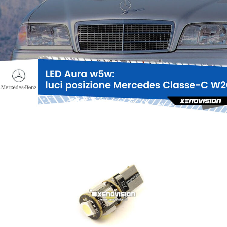 0 Luci posizione LED per Mercedes Classe-C W202 1993-2000: Aura w5w <strong>LED luci posizione w5w per Mercedes Classe-C</strong> W202 1993-2000. Una lampadina <strong>w5w</strong> canbus luce bianca 6000k modello Aura Xenovision.