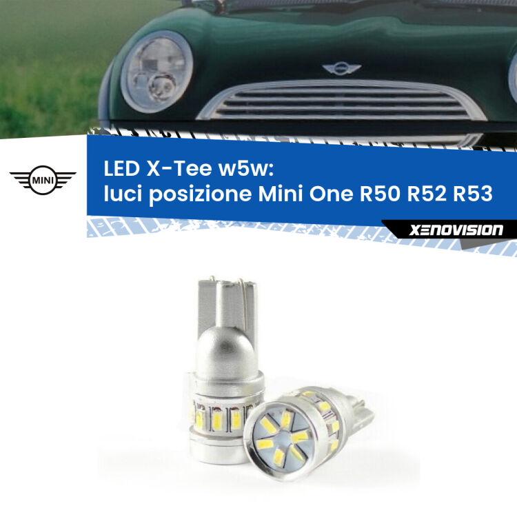 0 Luci posizione LED per Mini One R50 R52 R53 2001-2006: W5W X-Tee <strong>LED luci posizione per Mini One</strong> R50 R52 R53 2001-2006. Lampade <strong>W5W</strong> modello X-Tee Xenovision top di gamma.